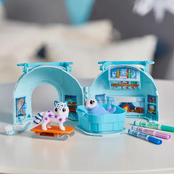 Scribble Scrubbie Arctic Igloo playset with color-change pets, markers, and igloo storage case for creative icy adventures.