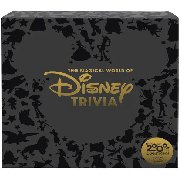 The Magical World of Disney Trivia game box featuring iconic character silhouettes and gold lettering on a dark background.