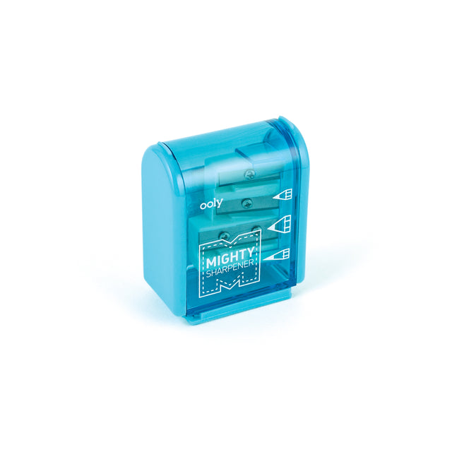 Blue Mighty Sharpener with three hole sizes and a large reservoir for pencil shavings, perfect for on the go use.