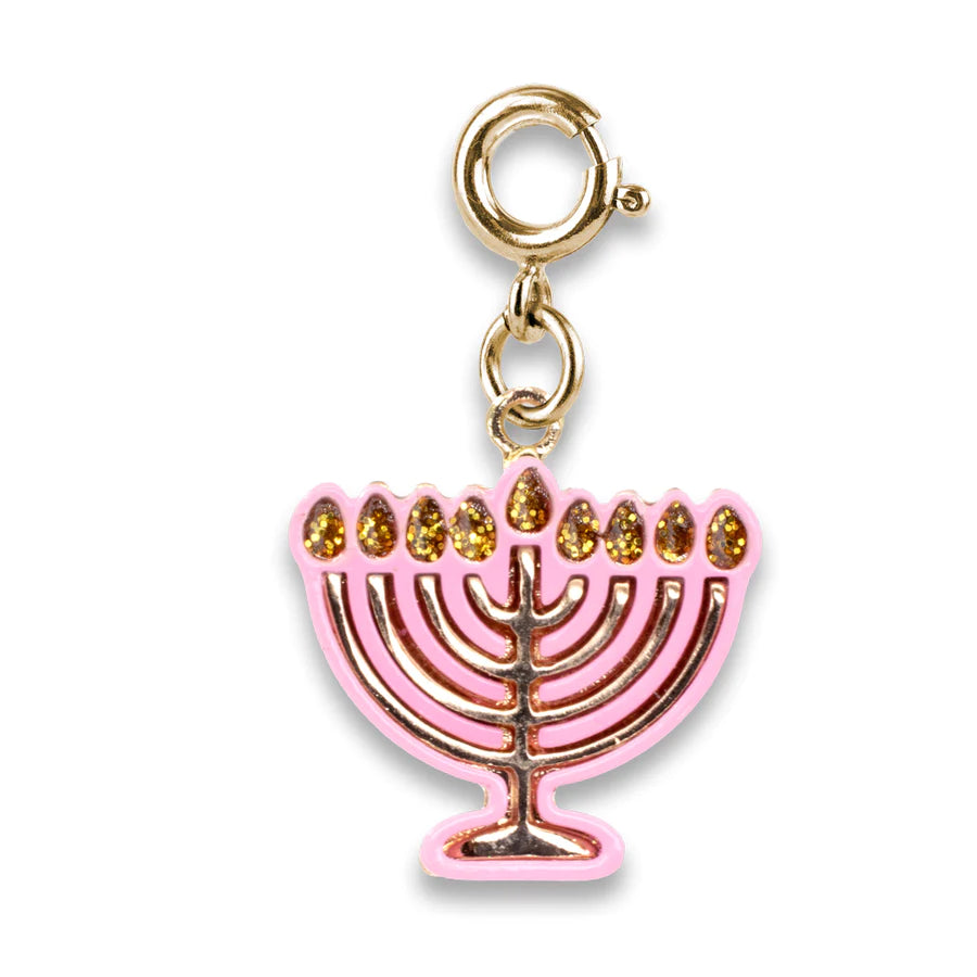 Gold Menorah Charm with pink enamel and glittered flames, perfect for celebrating Hanukkah festivities.