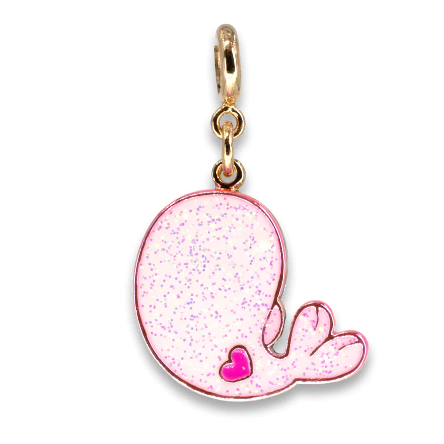 Gold Glitter Seal Charm featuring a pink glittery seal with a heart detail and gold clasp charm accessory.
