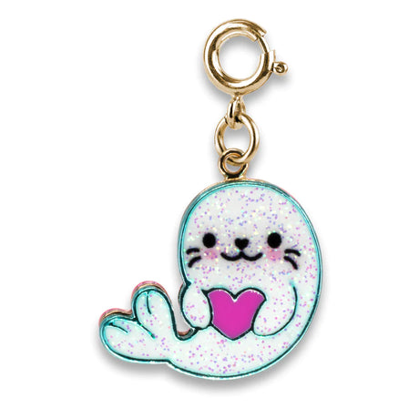 Gold Glitter Seal Charm featuring a glittery white seal holding a pink heart with a gold clasp attachment.