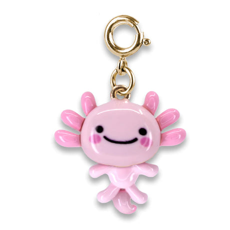 Gold Swivel Axolotl Charm in pink enamel with a gold clasp, featuring a smiling face and cute limbs.