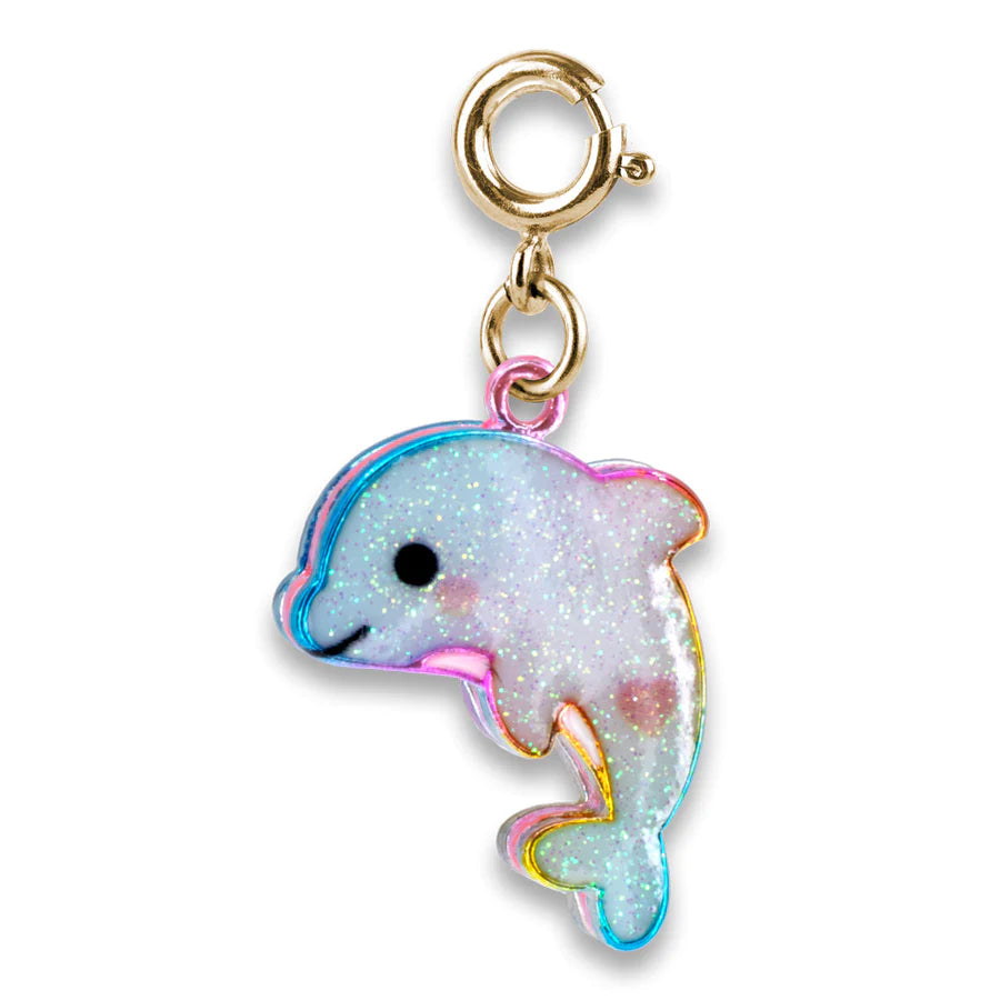 Gold Tie Dye Dolphin Charm with enamel and glitter detailing, featuring a gold-tone clasp for peace and good vibes.