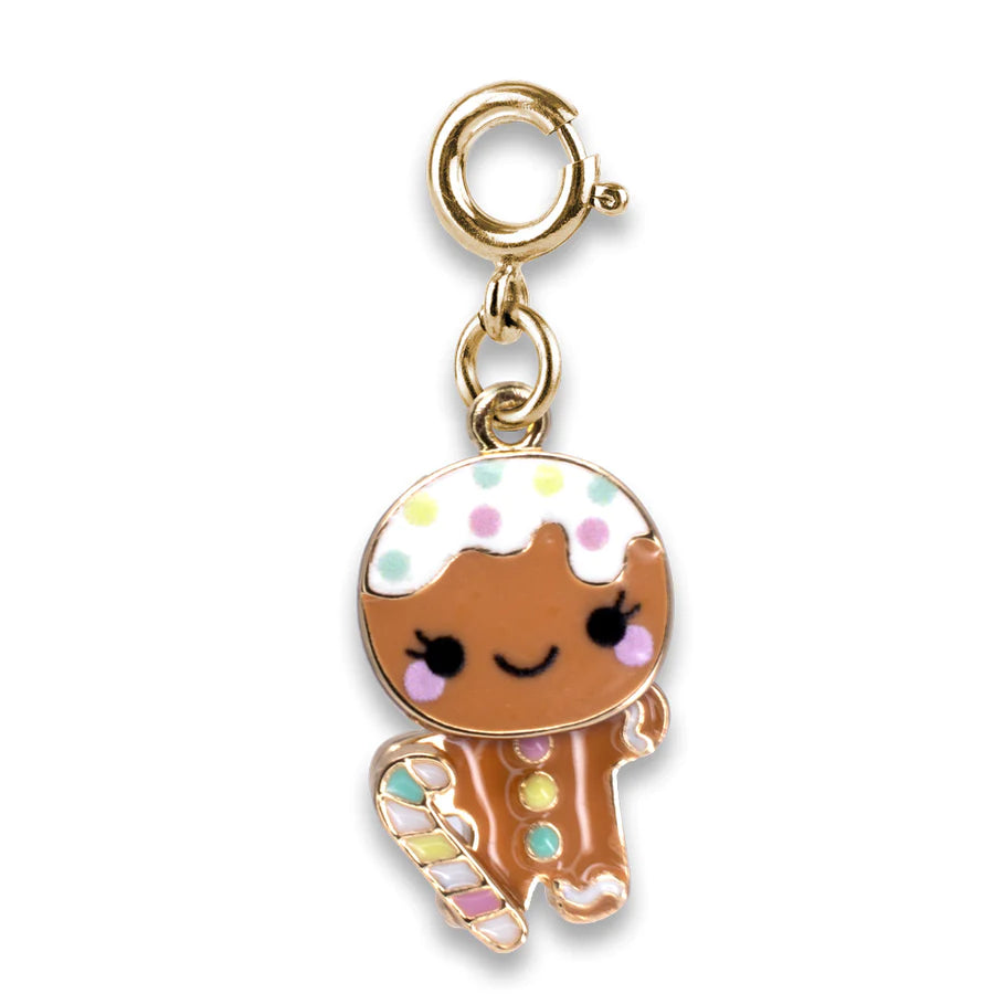 Gold Swivel Gingerbread Man Charm with enamel detailing and a candy cane on a gold swivel clasp accessory.