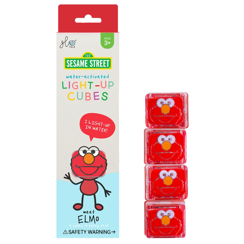 Glo Pals Elmo water-activated light-up cubes pack with four red Elmo face cubes for bath fun ages 3 and up.