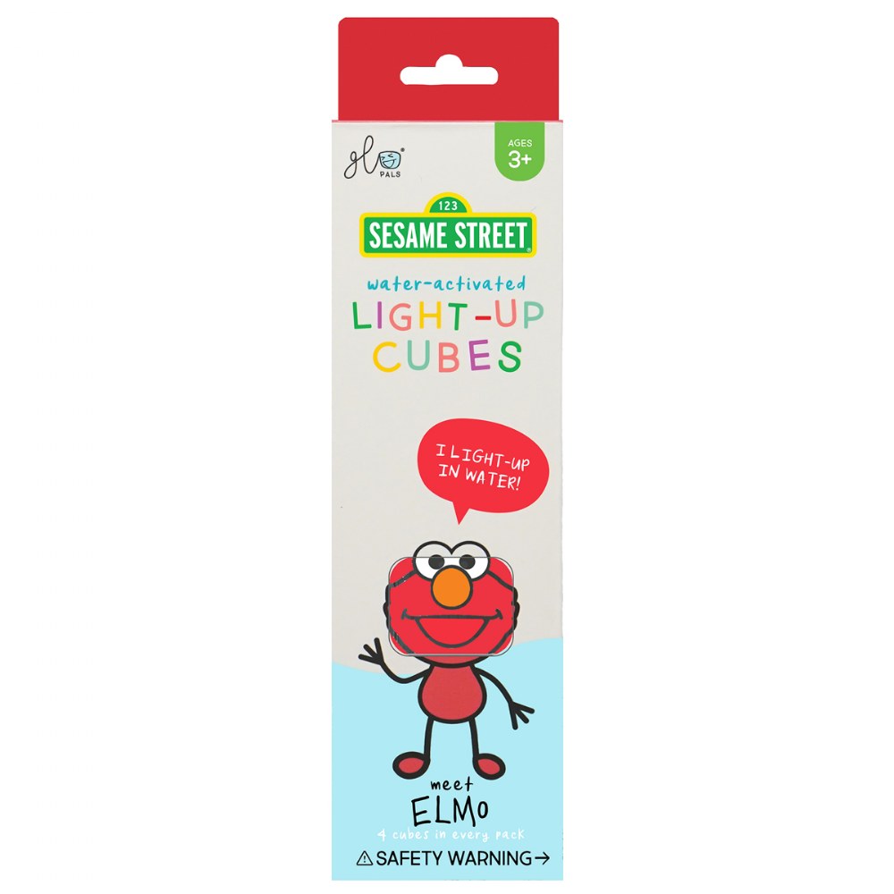 Glo Pals Elmo water-activated light-up cubes pack featuring Sesame Street’s Elmo for bath fun ages 3 and up.