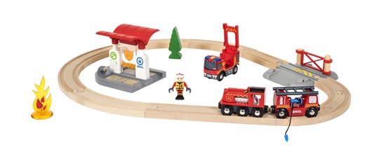 Rescue Firefighter Set with wooden train, fire truck, firefighter figure, fire hose, and track for imaginative play.