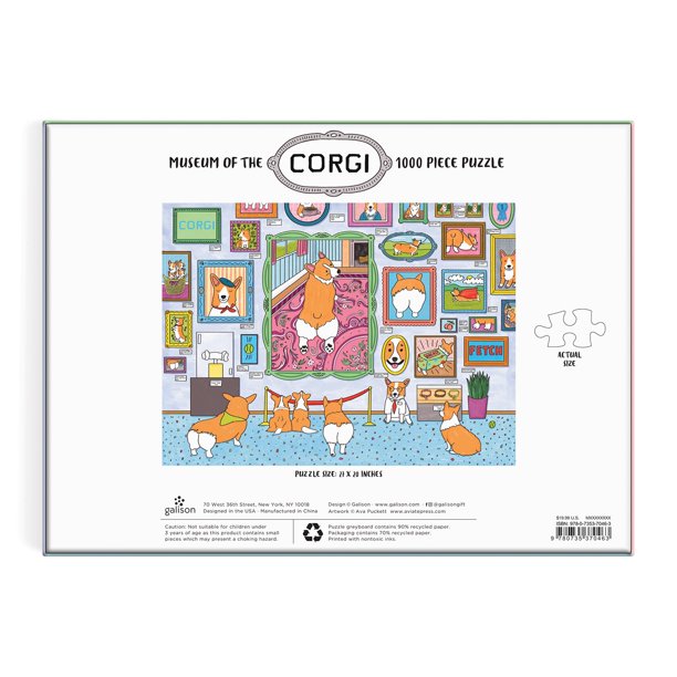 Museum of the Corgi 1000pc Puzzle featuring colorful corgis in a museum setting with framed artwork and playful scenes.