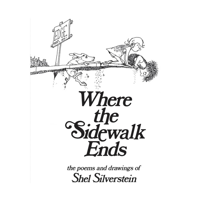 Black and white illustration with children and dog near a sign reading "Edge" for Where the Sidewalk Ends book cover.