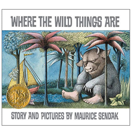 Where the Wild Things Are book cover with large creature resting under palm trees beside a sailboat on blue water.