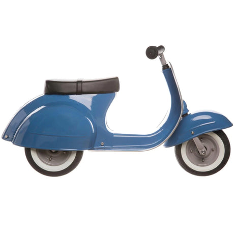 Primo Ride On Blue toddler scooter with durable metal frame, black seat, and classic white wall tires for ages 1 to 5 years.