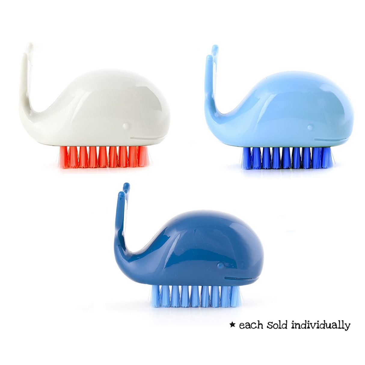 Three Whale Nail Brushes in white, light blue, and dark blue with colorful bristles.