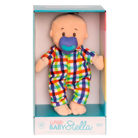 Wee Baby Stella Fella plush baby doll in colorful flannel pjs with magnetic pacifier, perfect for ages 12 months+