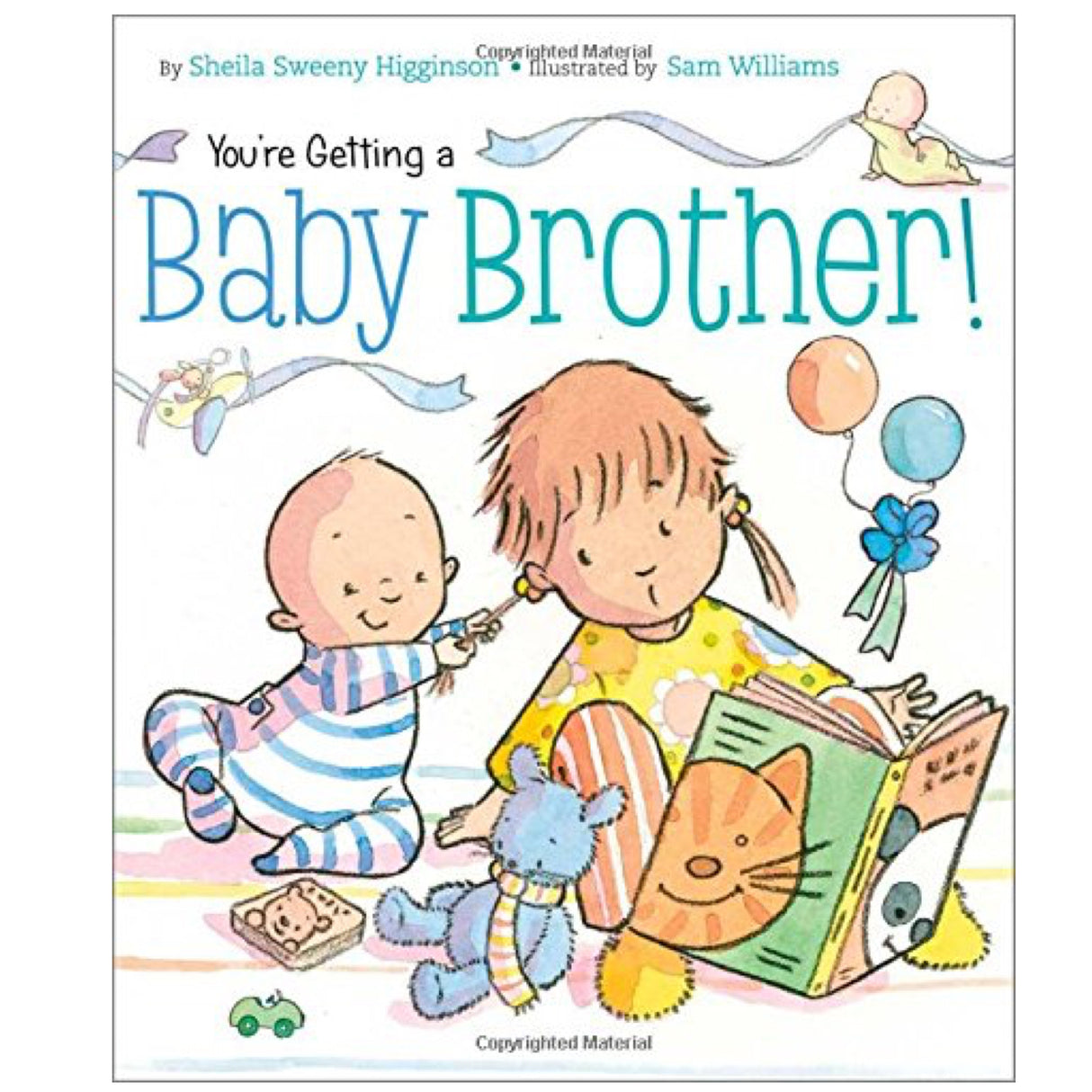 You're Getting a Baby Brother board book cover shows a toddler reading with a baby brother and toys nearby.