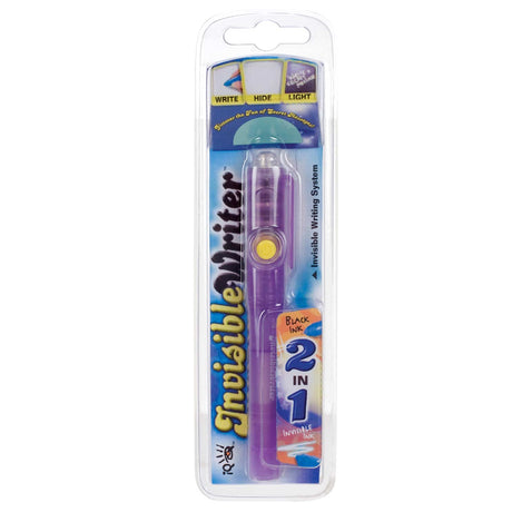 2-in-1 Invisible Writer with purple pen, black ink, and light on cap for secret invisible messages and everyday writing.