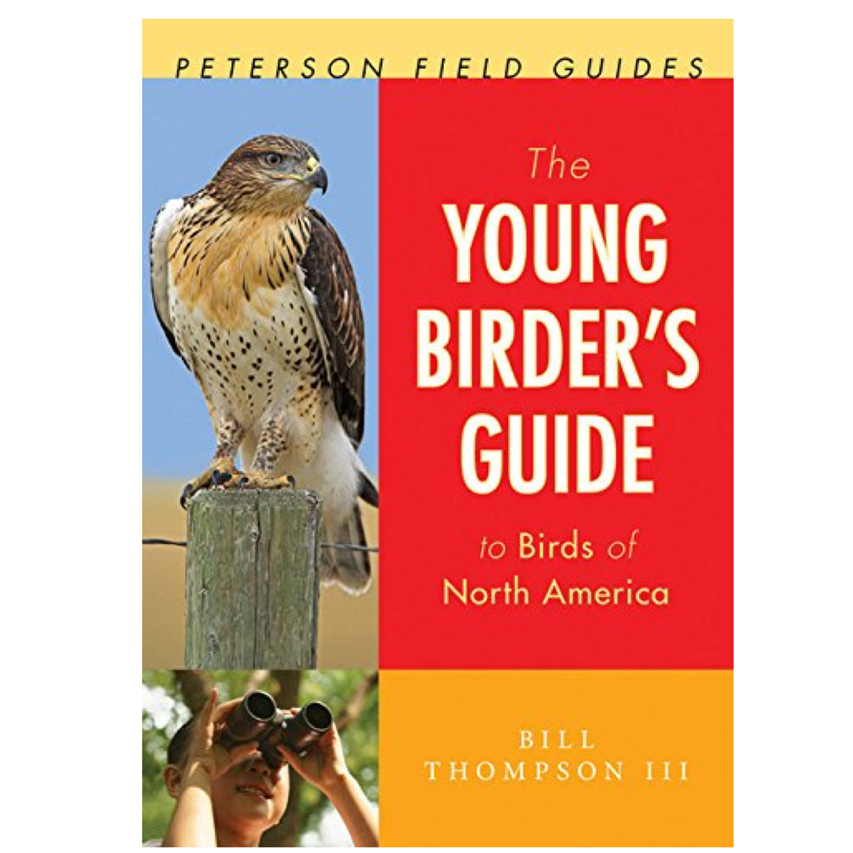 Cover of The Young Birder's Guide showing a hawk perched and a child birdwatching with binoculars.