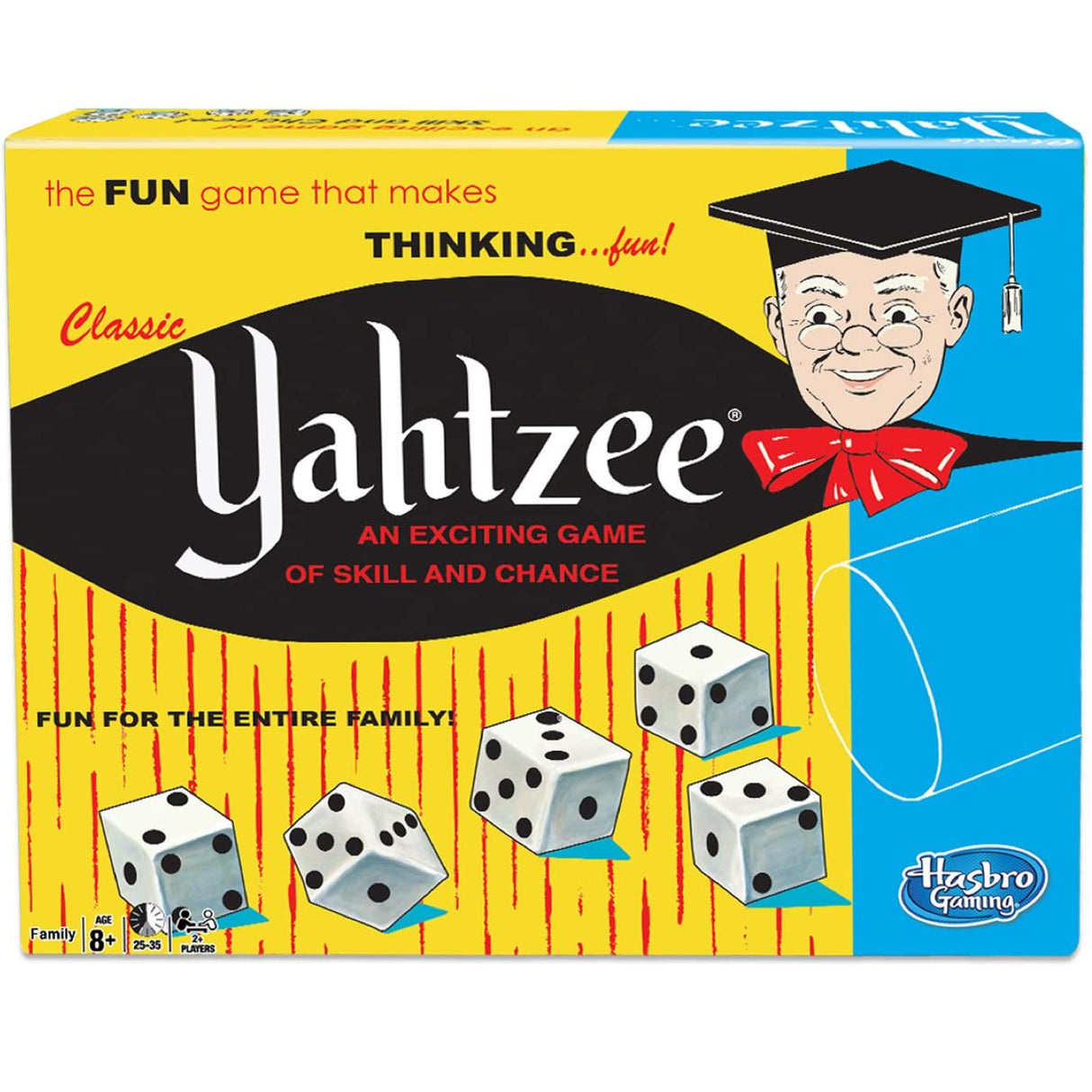 Classic Yahtzee game box featuring dice and a character with a graduation cap, family-friendly fun and skill.