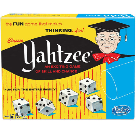 Classic Yahtzee game box featuring dice and a character with a graduation cap, family-friendly fun and skill.
