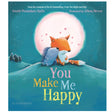 You Make Me Happy book cover shows a fox and porcupine cuddling under a glowing moon with hearts around them.