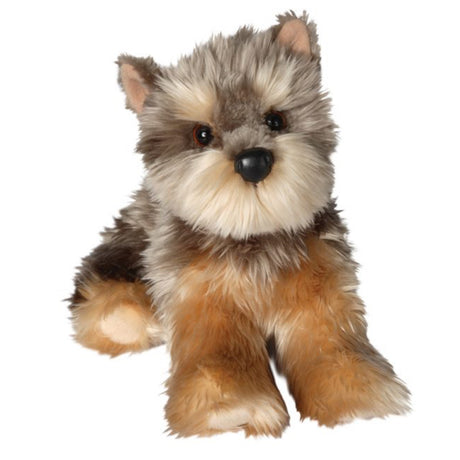 Yorkie Dog Yettie plush with ultra soft multi-toned fur and realistic expressive face lying down.