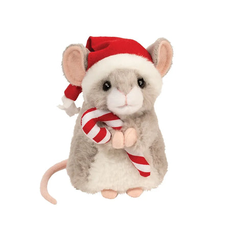 Candy Cane Mouse Merrie plush wearing Santa hat holding striped candy cane with gray and white fur.