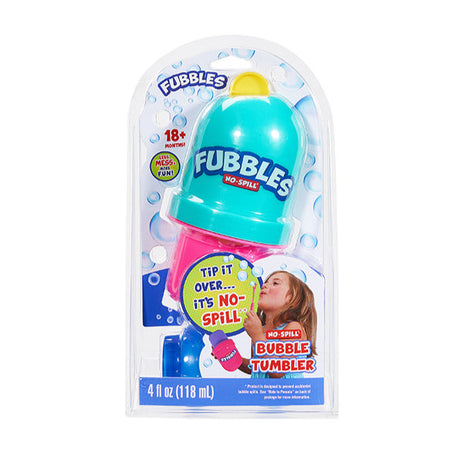Fubbles | No-Spill Bubble Tumbler in packaging with blue and pink colors, designed to prevent bubble spills for kids.