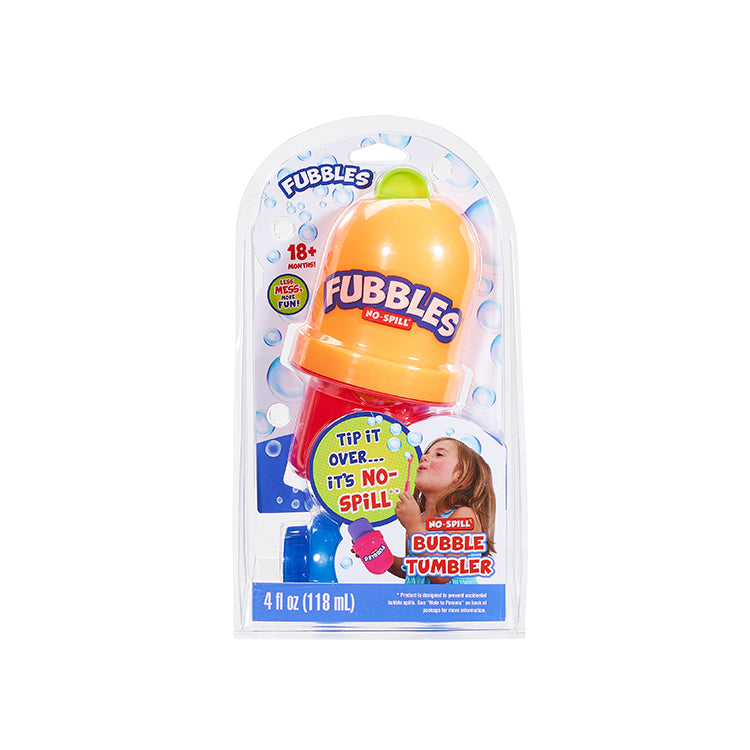 Fubbles | No-Spill Bubble Tumbler in colorful packaging with 4 fl. oz. bubble liquid for mess-free bubble play.