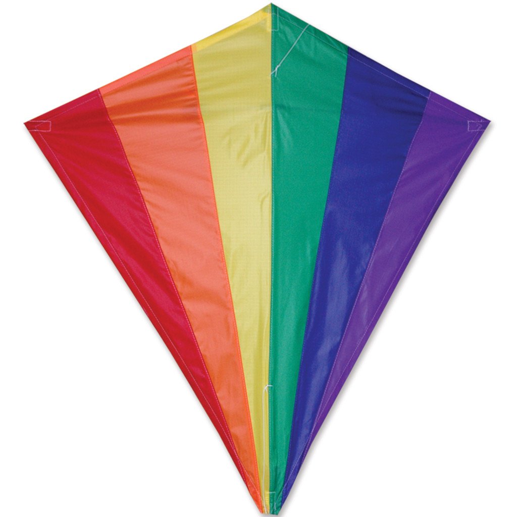 30" Diamond Kite | Rainbow with vibrant red, orange, yellow, green, blue, and purple nylon panels and durable frame.
