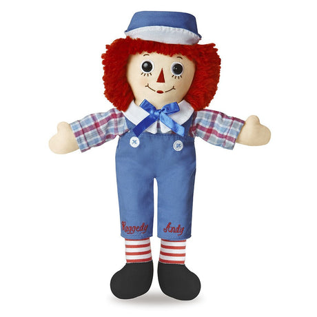 Raggedy Andy plush doll with yarn hair, sailor cap, and vintage-style blue outfit, 12 inches tall and surface washable.