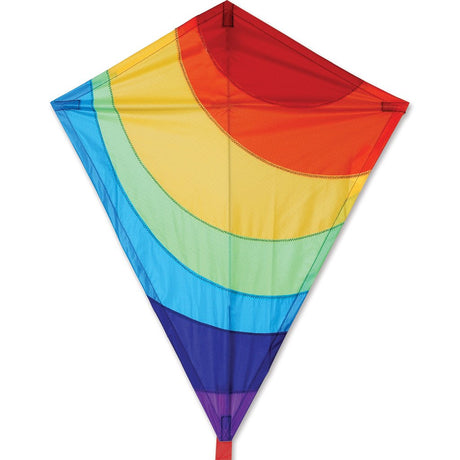 25" Diamond Kite Radiant Rainbow with bright rainbow colors and durable fiberglass frame for easy flying.