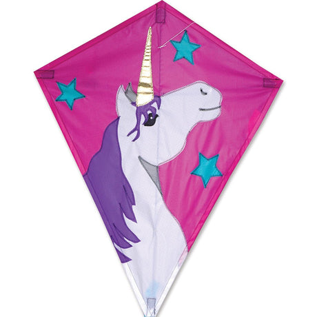 25" Diamond Kite Lucky Unicorn with pink background purple mane and blue stars, ready for flying fun.