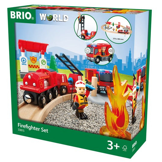 Rescue Firefighter Set with fire train, fire truck, firefighter figure, and fire hose on wooden tracks for ages 3+