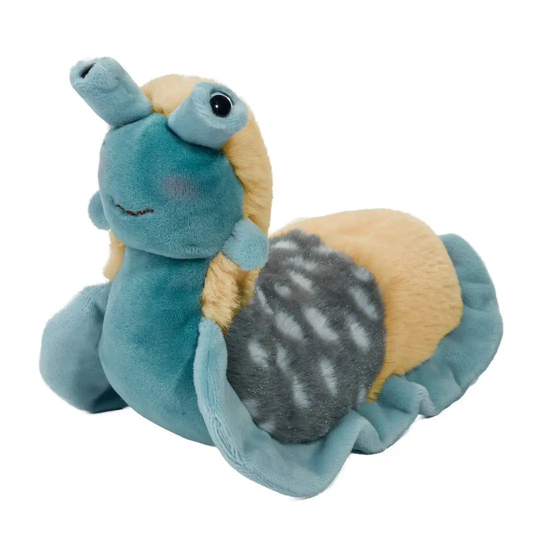 Slug Lavern plush toy in slate blue and tan with soft rippled fabric and blue eye stalks, perfect for kids 2 and up.
