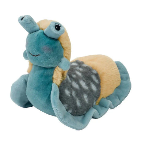 Slug Lavern plush toy in slate blue and tan with soft rippled fabric and blue eye stalks, perfect for kids 2 and up.