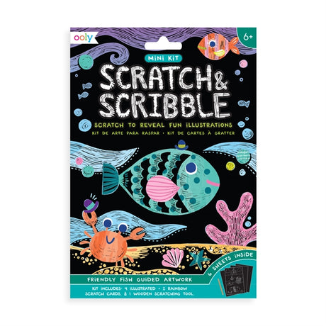 Scratch & Scribble Friendly Fish travel-sized scratch art kit with guided fish illustrations and wooden stylus for kids 6+.