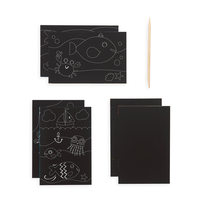 Scratch & Scribble Friendly Fish kit with 4 fish scratch cards, 2 blank cards, and wooden stylus for rainbow art.