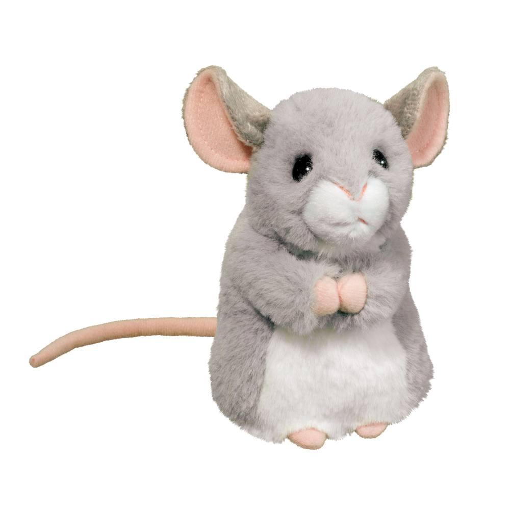 Soft plush gray and white Mouse Monty toy with pink ears, paws, and tail sitting upright with big dark eyes.