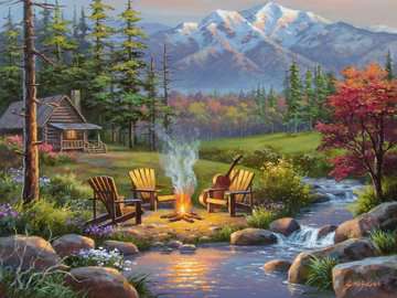 750pc Riverside Livingroom Puzzle depicting a mountain cabin campfire scene by a riverside with trees and snowy peaks.