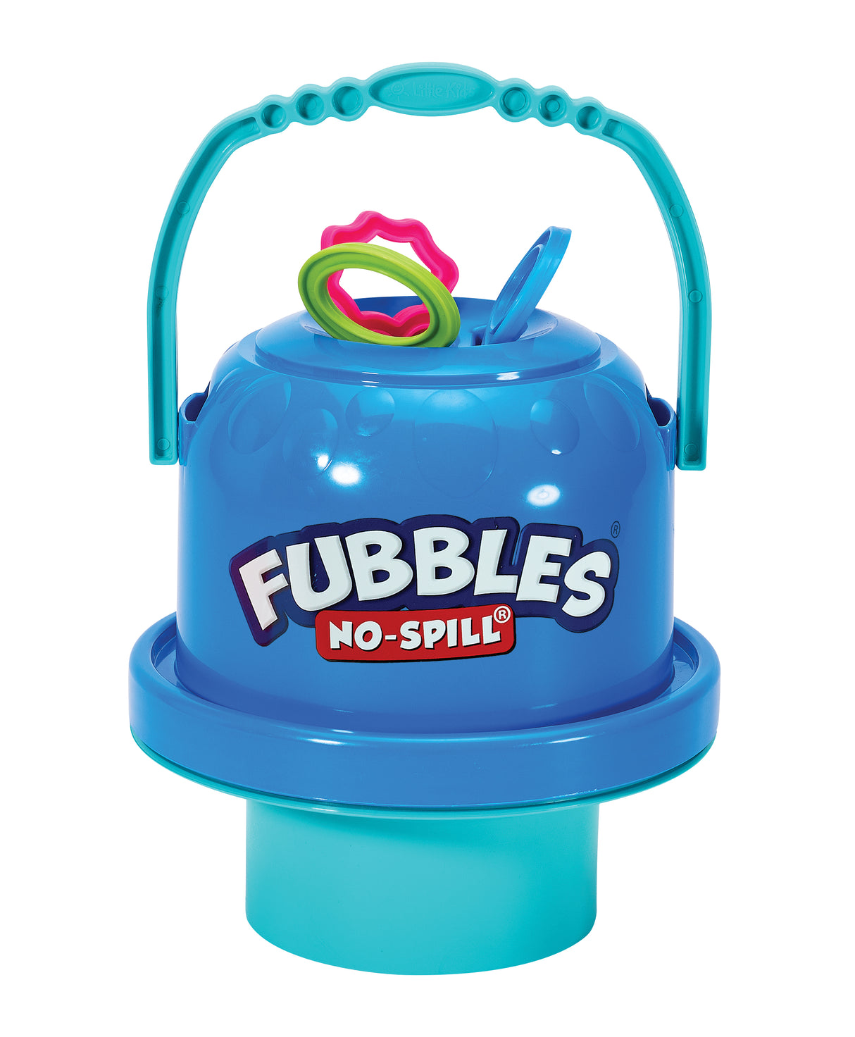 Fubbles | No-Spill Big Bubble Bucket in blue with handle and three colorful bubble wands for outdoor playdates.