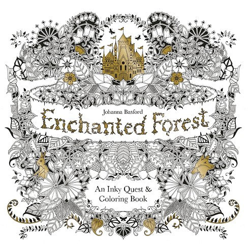 Enchanted Forest Coloring Book cover with intricate floral designs and a golden castle illustration.