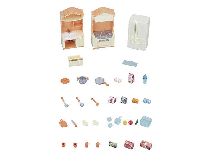 Kitchen Play Set with refrigerator, stove, sink, utensils, ingredients, and accessories for imaginative cooking play.
