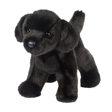 Black Lab Bear plush with smooth black fur and brown eyes, perfect snuggle companion for kids ages 2 and up.