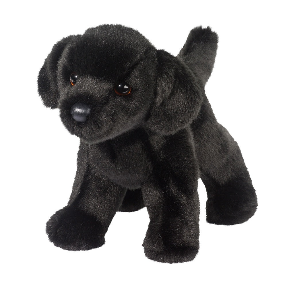 Black Lab Bear plush with smooth black fur and brown eyes, perfect snuggle companion for kids ages 2 and up.