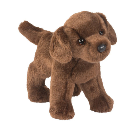 Chocolate Lab Tucker plush dog with soft brown fur, floppy ears, and dark eyes in a standing pose.