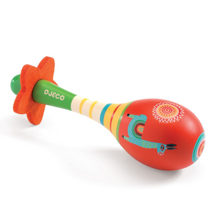 Animambo Llama Maraca wooden rattle toy with colorful llama design and felt flower handle, ideal for kids ages 1 and up.