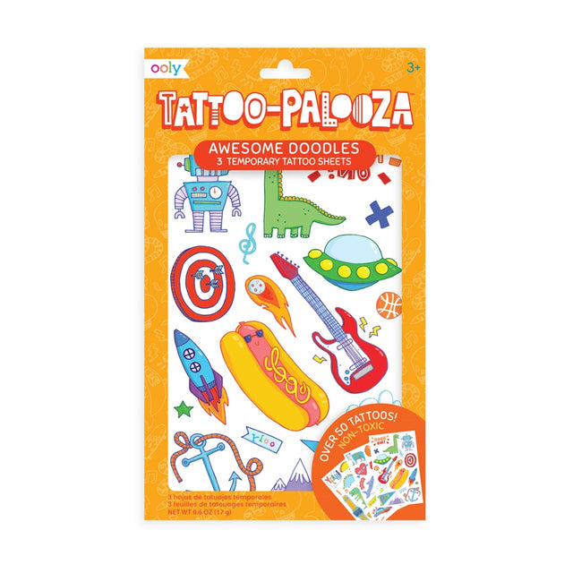 Awesome Doodles Tattoos temporary set with fun designs like dinosaurs, hot dogs, and guitars, easy to apply and non-toxic.