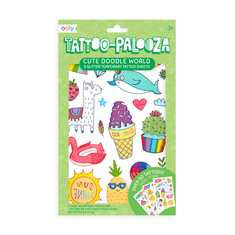 Cute Doodle World Tattoos with fun llamas, dolphins, ice cream, and cactus glitter temporary tattoo sheets.