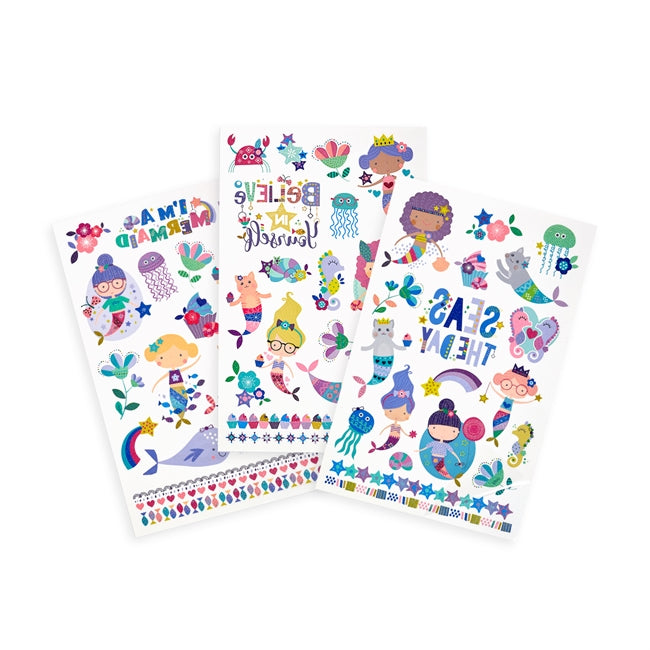 Mermaid Magic Tattoos set with 3 sheets featuring colorful mermaids, seahorses, and underwater scenes for kids.