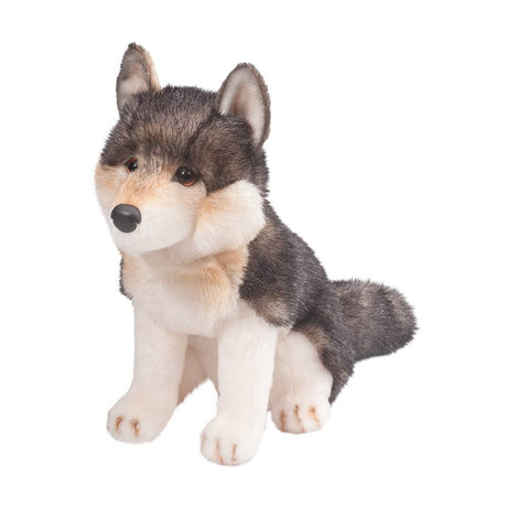 Wolf Atka plush toy with soft realistic fur, golden eyes, and detailed airbrushing, perfect for cuddling and kids ages 2 and up.